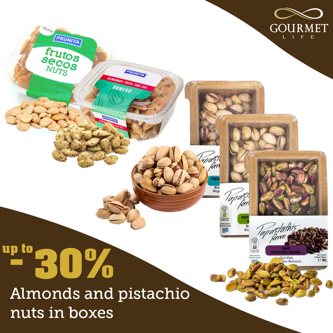 Iki -30% nuolaida migdolų ir pistacijų riešutams dėžutėse