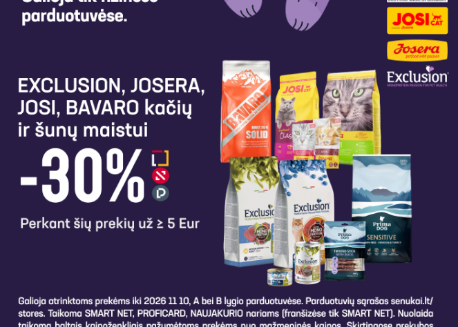 EXCLUSION, JOSERA, JOSI, BAVARO kačių ir šunų maistui –30 % (perkant už 5 Eur)