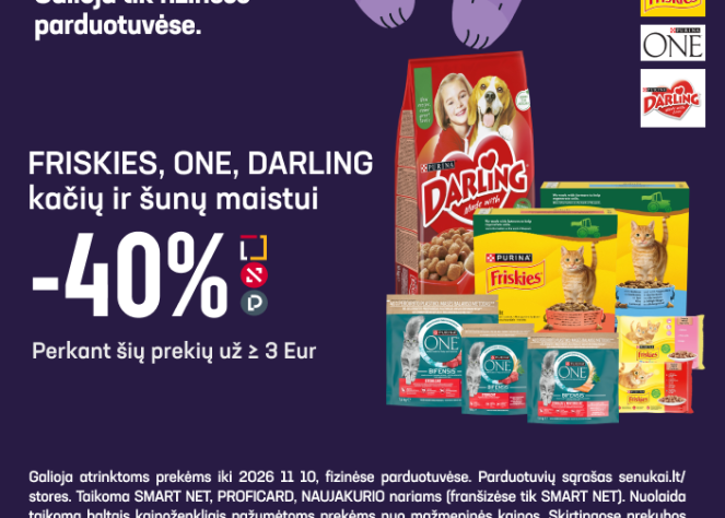 FRISKIES, ONE, DARLING kačių ir šunų maistui -40 % (perkant už 3eur)