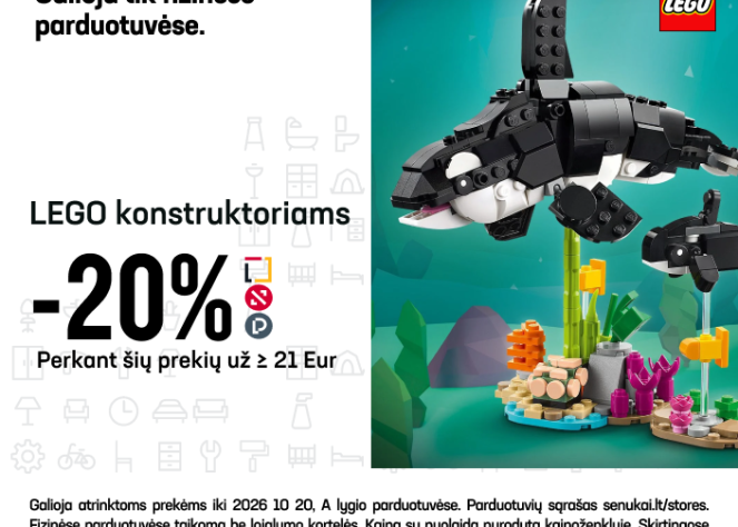 LEGO konstruktoriams –20 % (Perkant šių prekių už ≥ 21 Eur)